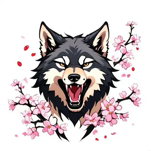 fenrir style wolf growling with cherry blossoms  tattoo design idea