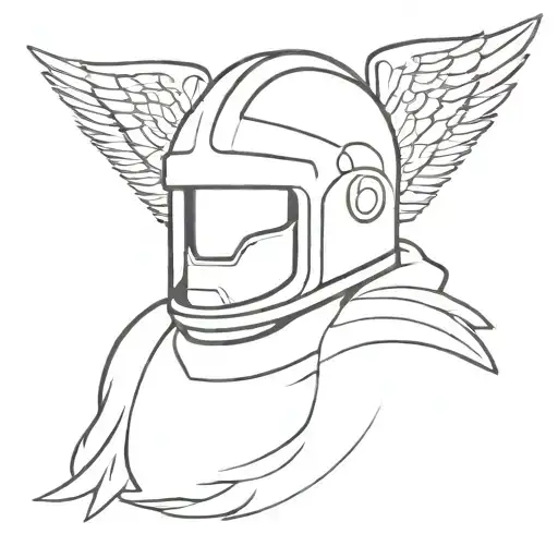 Minimalist fire helmet surrounded by angel wings tattoo design idea