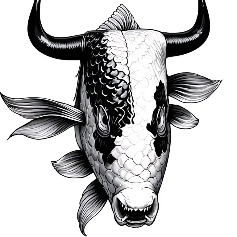 koi fish with bull head only black White tattoo design idea