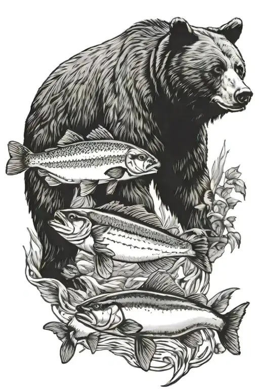 Black Bear, Buck, and fish tattoo design idea