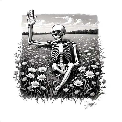 skeleton laying flat in a field of flowers with one hand to the sky tattoo design idea