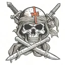 skull wearing combat helmet and shemagh scarf with crossed swords tattoo design idea