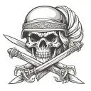 skull wearing combat helmet and shemagh scarf with crossed swords tattoo design idea