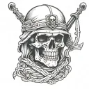 skull wearing combat helmet and shemagh scarf with crossed swords tattoo design idea