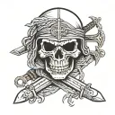 skull wearing combat helmet and shemagh scarf with crossed swords tattoo design idea
