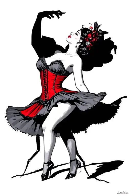 cancan dancing woman in black and grey with red corset and shadow behind her is 8 spider legs tattoo design idea