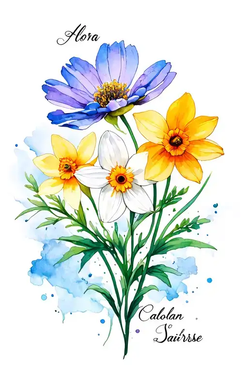 outline of cosmos flower, Alora written in stem, snowdrop Caolan written in stem, Daffodil Saoirse written in stem. tattoo design idea