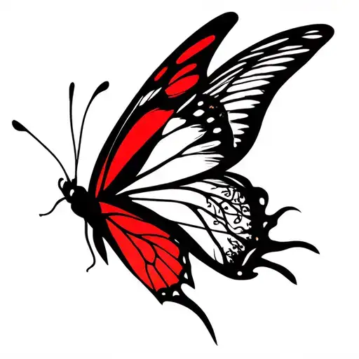 red and black butterfly with white on tips of wings with tree of life and 999 tattoo tattoo design idea