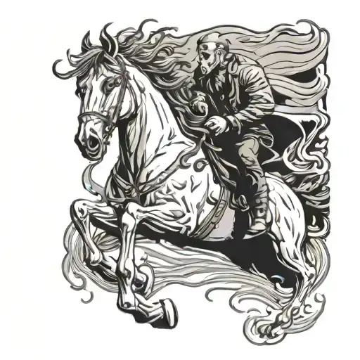 Cartoonish horse nose, planting into a puddle, while the headless horseman rides it holding up medusa's head tattoo design idea