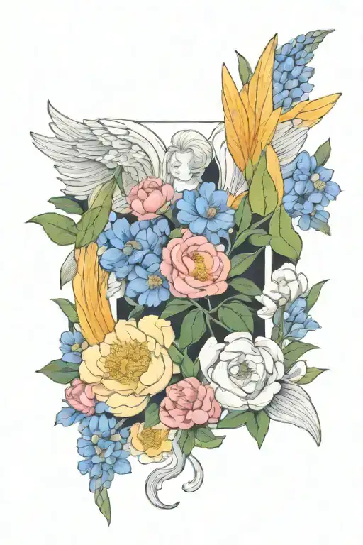 Angel wings surrounded by larkspur and peony flowers tattoo design idea