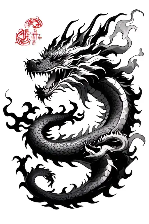 dragon with fire around it and strength knows no limit in Chinese around it tattoo design idea