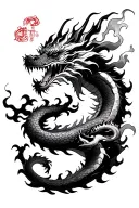 dragon with fire around it and strength knows no limit in Chinese around it tattoo design idea