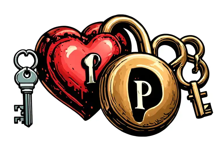 heart shaped lock with key shaped like letter p tattoo design idea