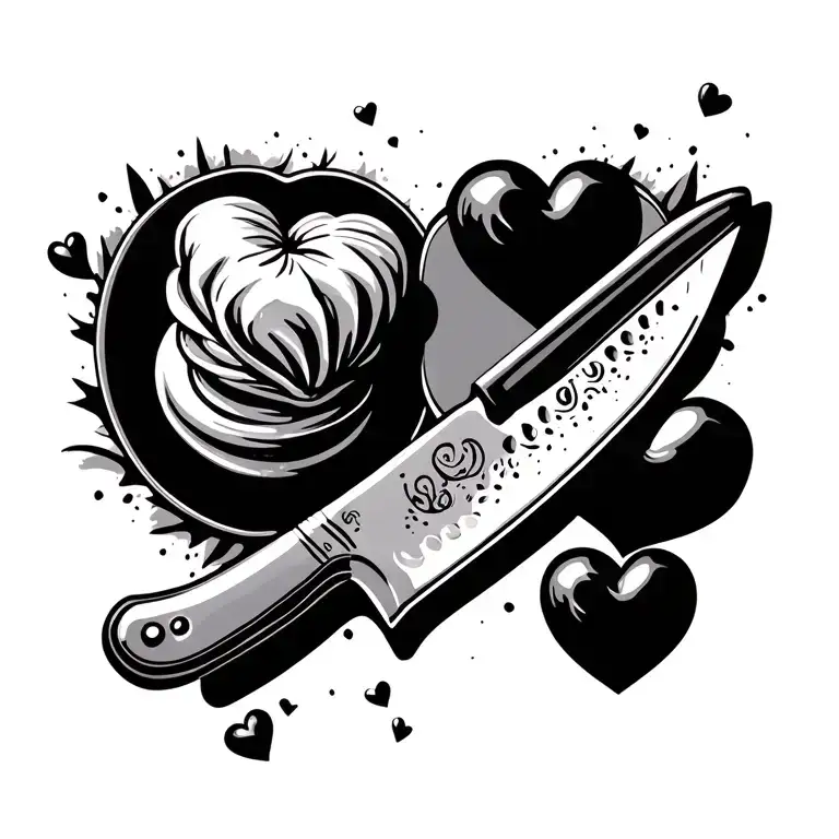abstract of food chef knife and 4 hearts tattoo design idea