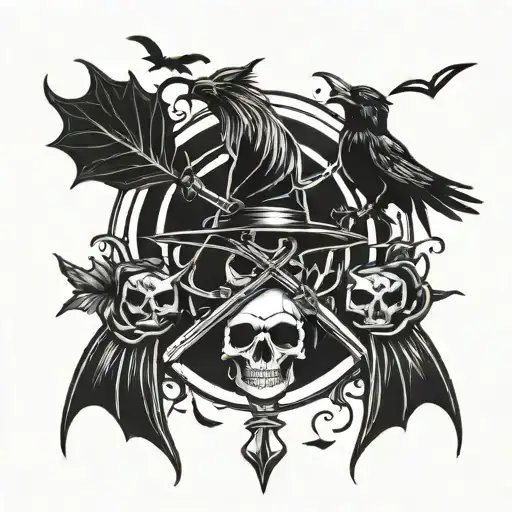 witchy halloween tattoo with bats, skulls, crows, snakes, and a dagger tattoo design idea