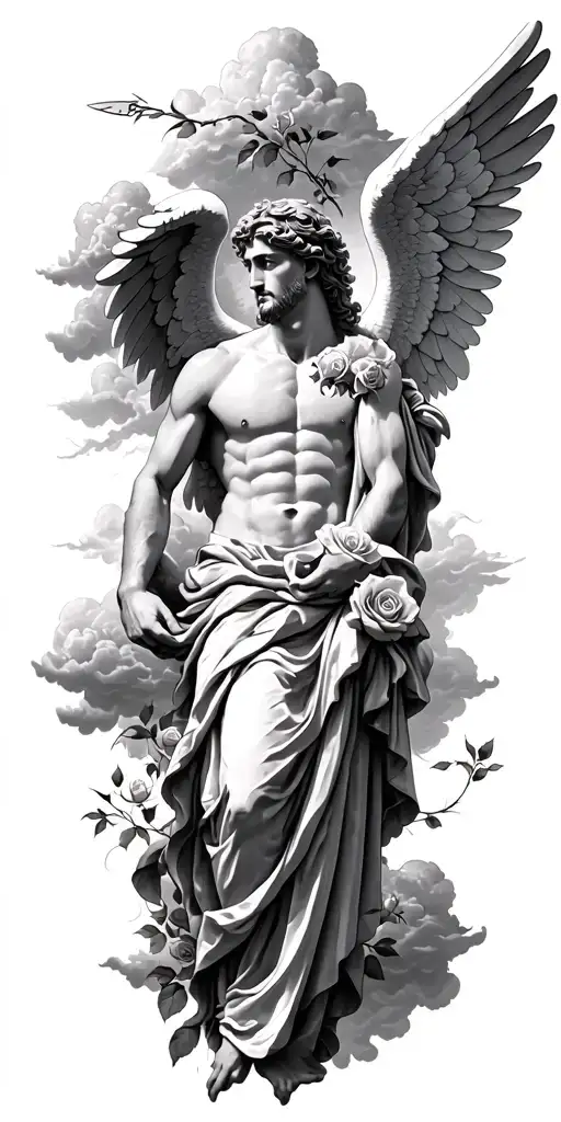 biblical male accurate angel with clouds and roses tattoo design idea