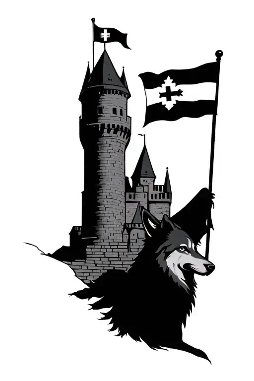 I would like a forearm tattoo, with wolves at the bottom, a flag of Slovakia raised on top of a castle, tattoo design idea