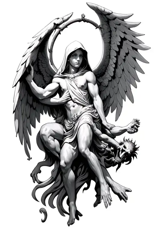 hooded arch angel defeating a demon tattoo design idea