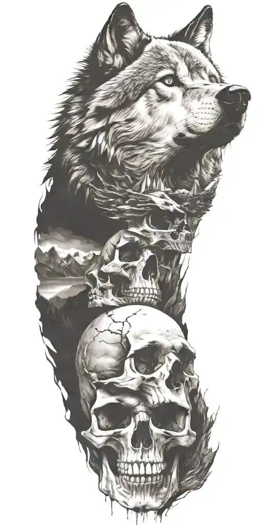 wolf and mountains and skull  tattoo design idea