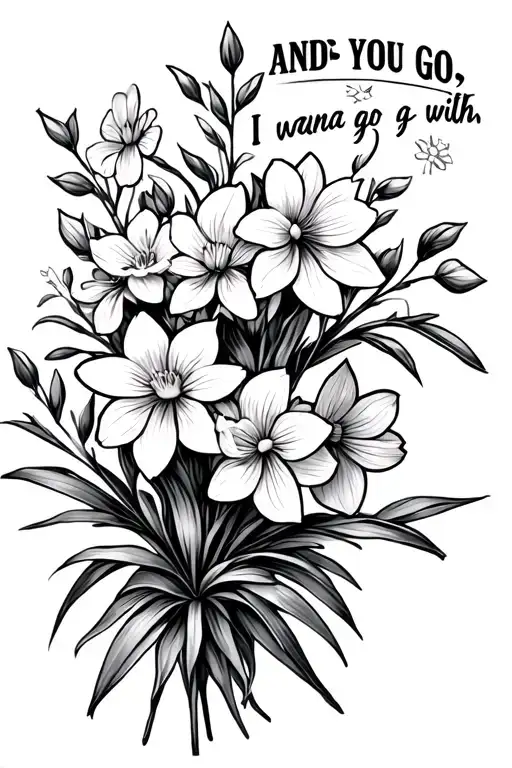"And if you go, I wanna go with" narcissus and larkspur flower bouquet tattoo design idea