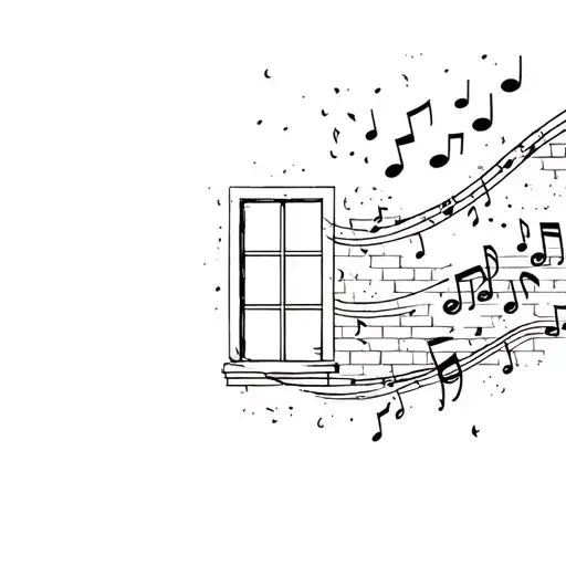 a window in an unfinished brick wall with music notes flowing out  tattoo design idea