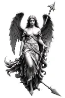 make a black and white tattoo of an angel with a spear stabbingdownward tattoo design idea