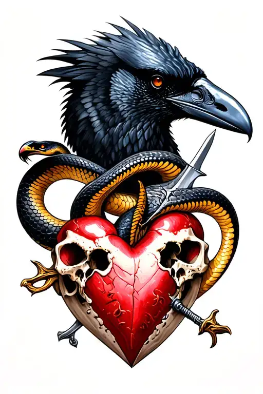 snake, dinosaur skull, crow, sword pierced heart tattoo design idea