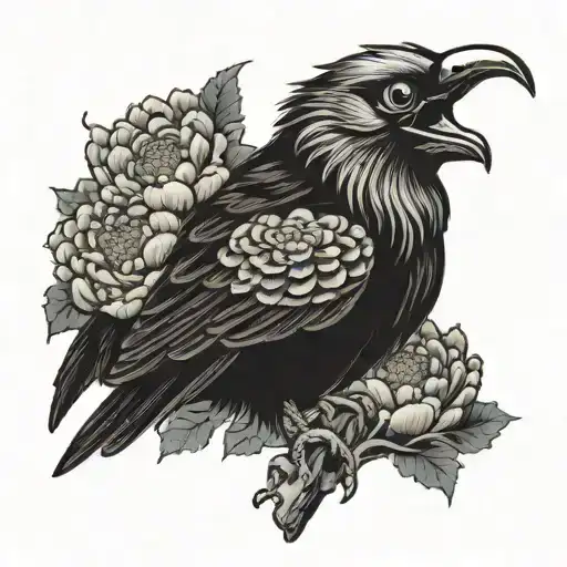 tengu with a namakubi and chrysanthemum and daruma tattoo design idea