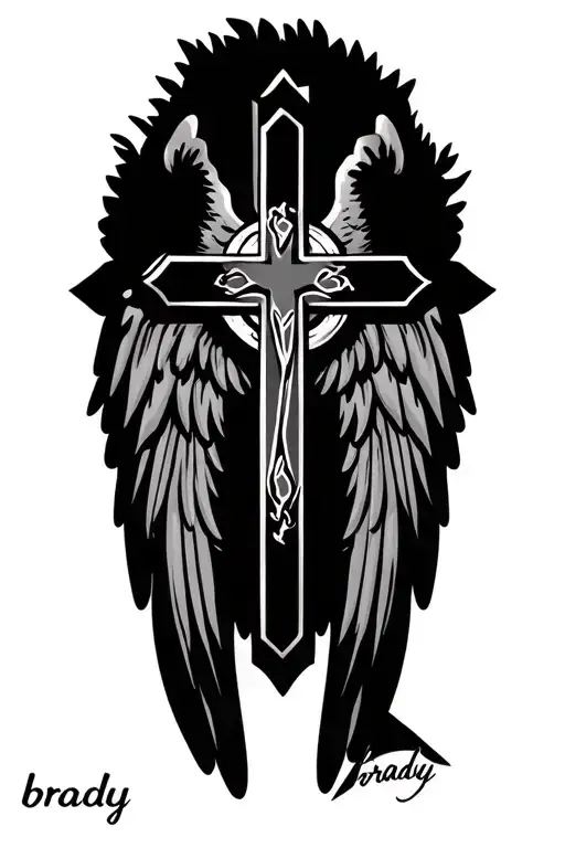 Catholic cross in front of angel wings with name "brady" in cursive tattoo design idea