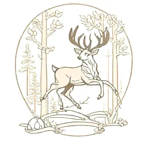 A minimalist tattoo of a deer running through a forest of workout equipment, symbolizing strength and agility tattoo design idea