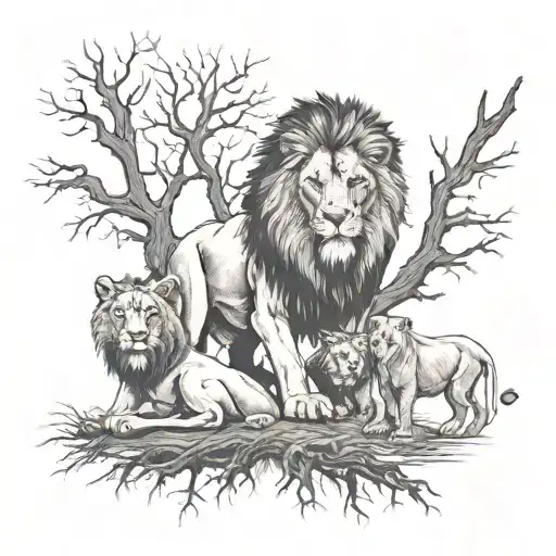 lion with lioness and 2 cubs + tree tattoo design idea