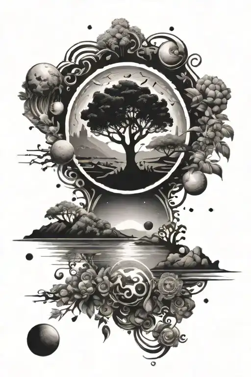 tribal planets and stars with trees and river with animals and flowers tattoo design idea