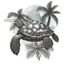 sea turtle and palm trees background looking tattoo design idea