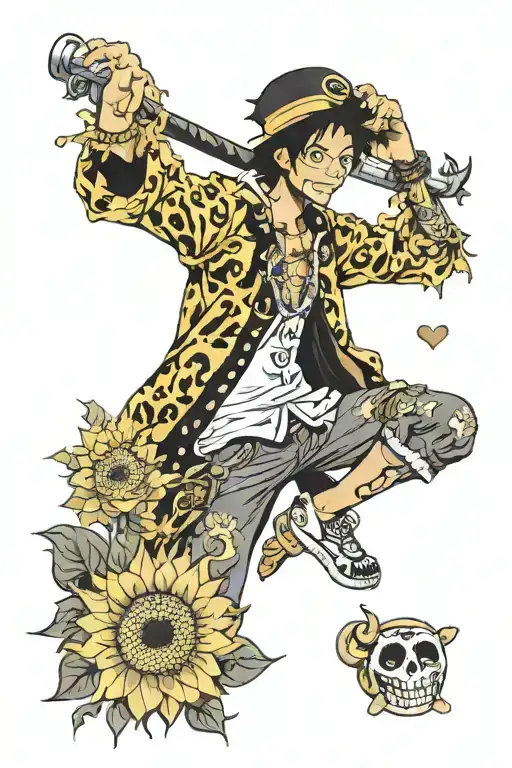 Trafalgar law from one piece, sunflowers, roses, hearts, and black girl  tattoo design idea