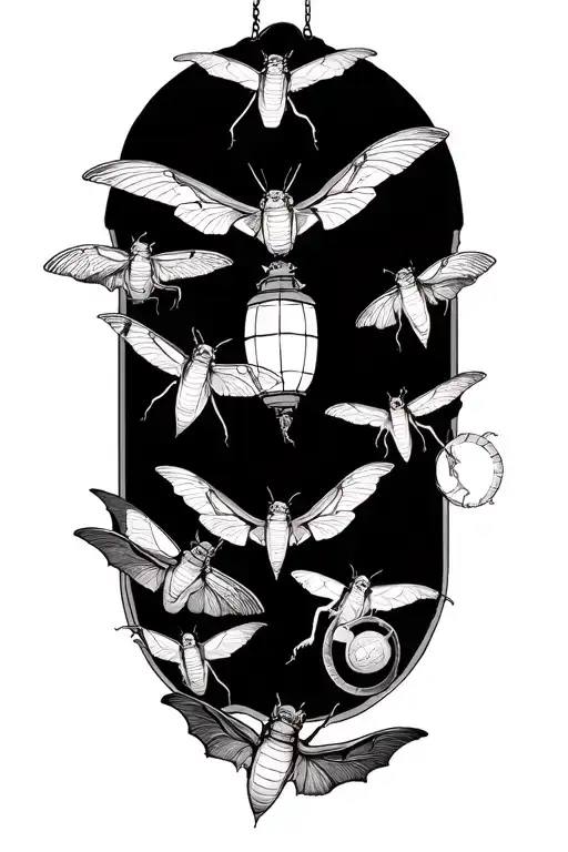 lantern moths flying with a bat hanging upside tattoo design idea