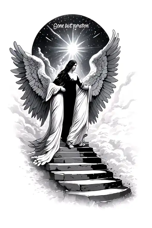"Gone but not forgotten" cinematic stairway to heaven serene holding hands leaving earth walking into heaven angels  tattoo design idea