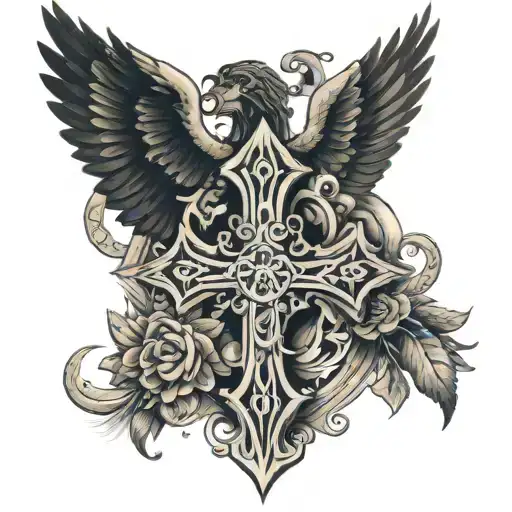 cristian cross with wings and miguel and noemi as names in both sides of the cross  tattoo design idea