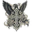 cristian cross with wings and miguel and noemi as names in both sides of the cross  tattoo design idea