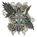 cristian cross with wings and miguel and noemi as names in both sides of the cross  tattoo design idea