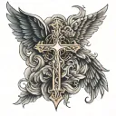 cristian cross with wings and miguel and noemi as names in both sides of the cross  tattoo design idea