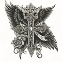 cristian cross with wings and miguel and noemi as names in both sides of the cross  tattoo design idea