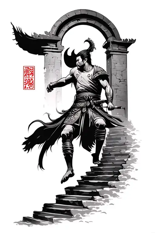 Chinese warrior who climbs a very steep tired staircase to get to a semi -open gate tattoo design idea