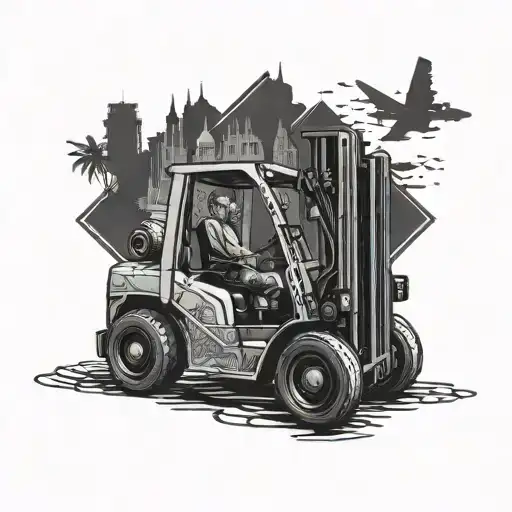 An intricate design of a forklift truck surrounded by exotic landmarks, showcasing your occupation as a forklift driver and love for travel tattoo design idea