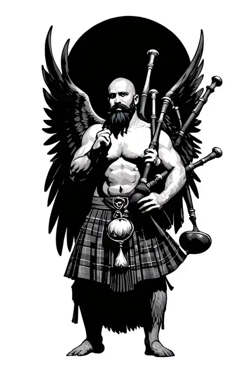 no legs shirtless muscular bagpiper bald black beard playing bagpipes hoge black wings tattoo design idea