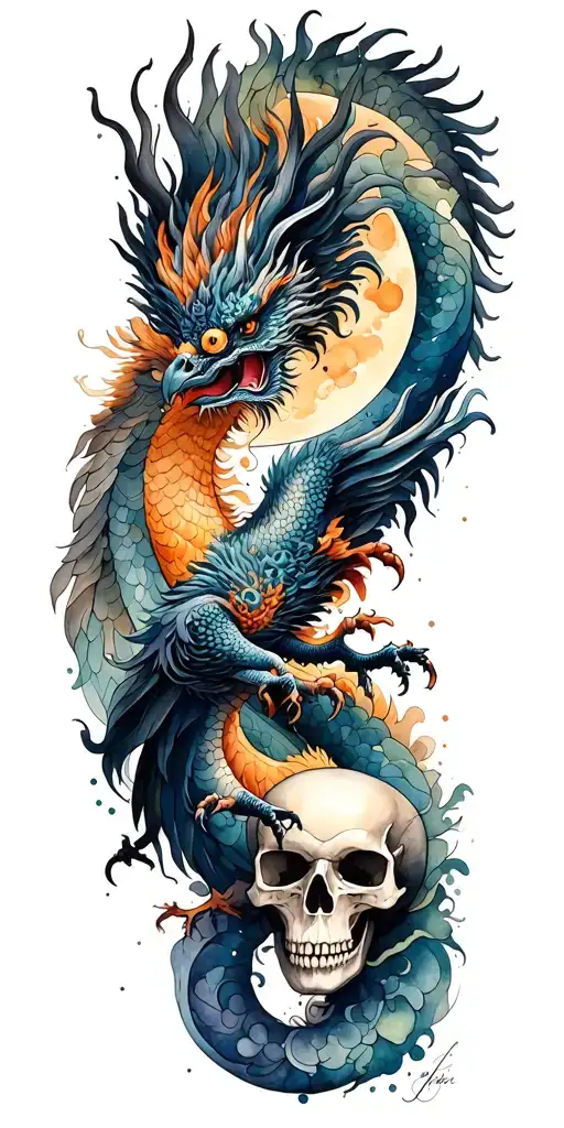 Chinese dragon and phoenix and skull and moon and raven tattoo design idea
