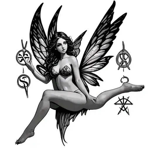fairy waving her legs with sigil for money and sigil for health in her wings tattoo design idea