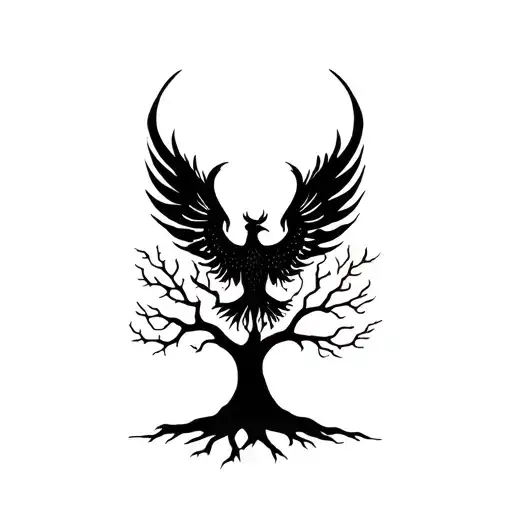 phoenix rising from tree tattoo design idea