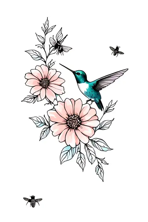 flowers, bees, hummingbird tattoo design idea