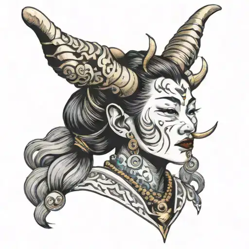 Demon Girl with broken horn and band aid on nose tattoo design idea