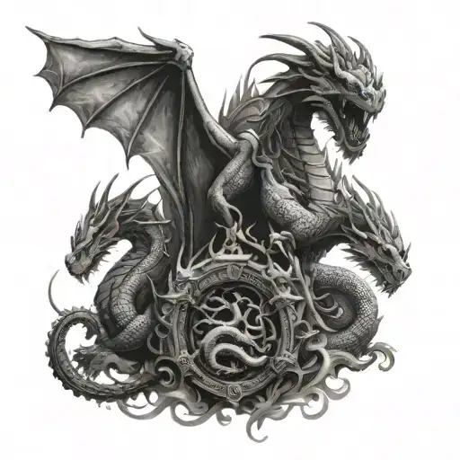 three dragons seated around castle and king tattoo design idea
